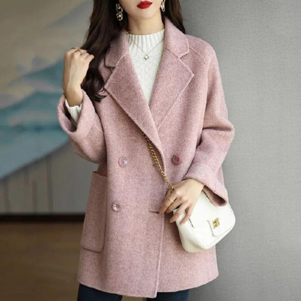 (pink, XL) "Women's Petite Versatile Woolen Mid-Length Coat - 2023 Autumn/Winter Fashion, Loose Slimming Fit, Stylish Herringbone Pattern
