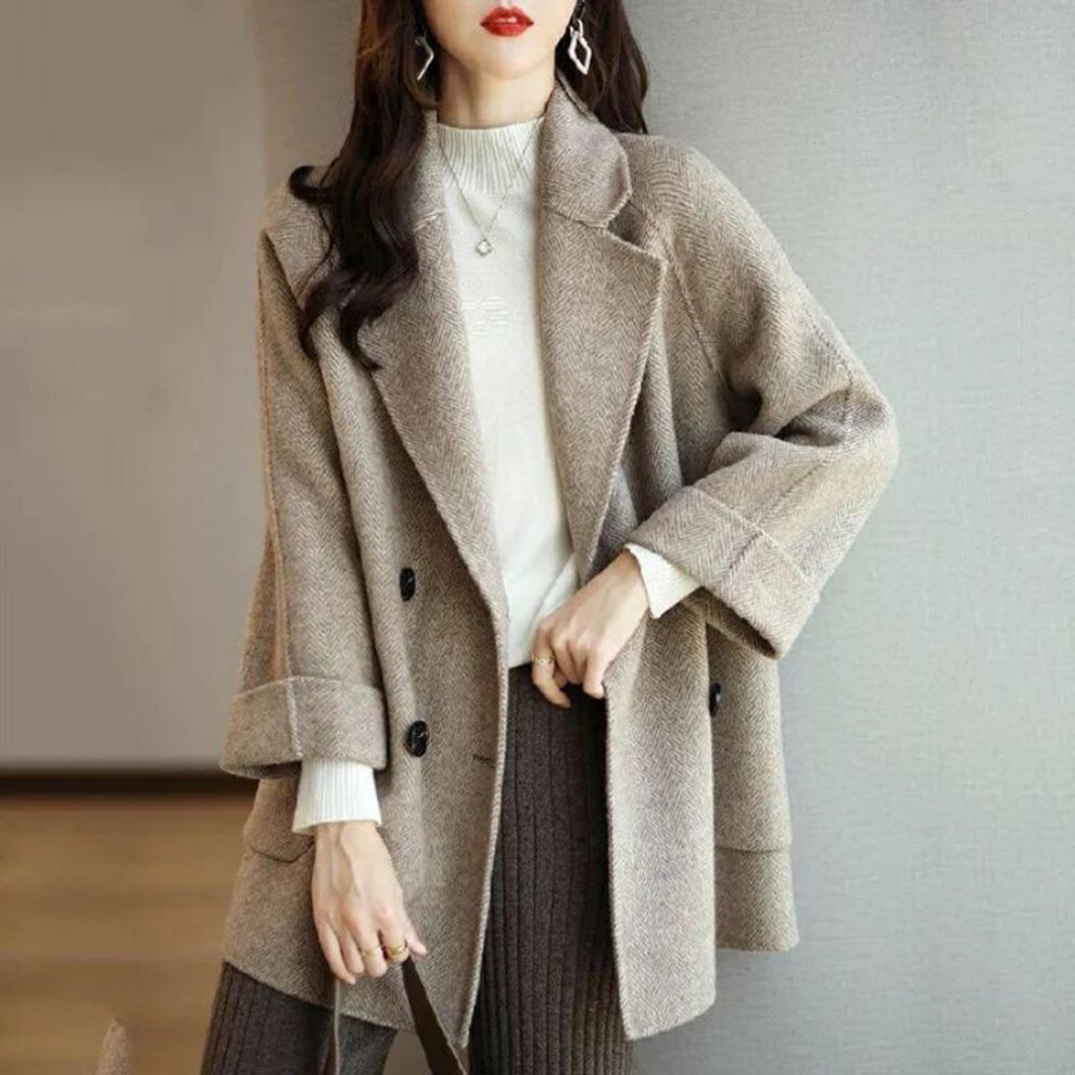 (coffee, M) "Women's Petite Versatile Woolen Mid-Length Coat - 2023 Autumn/Winter Fashion, Loose Slimming Fit, Stylish Herringbone Pattern