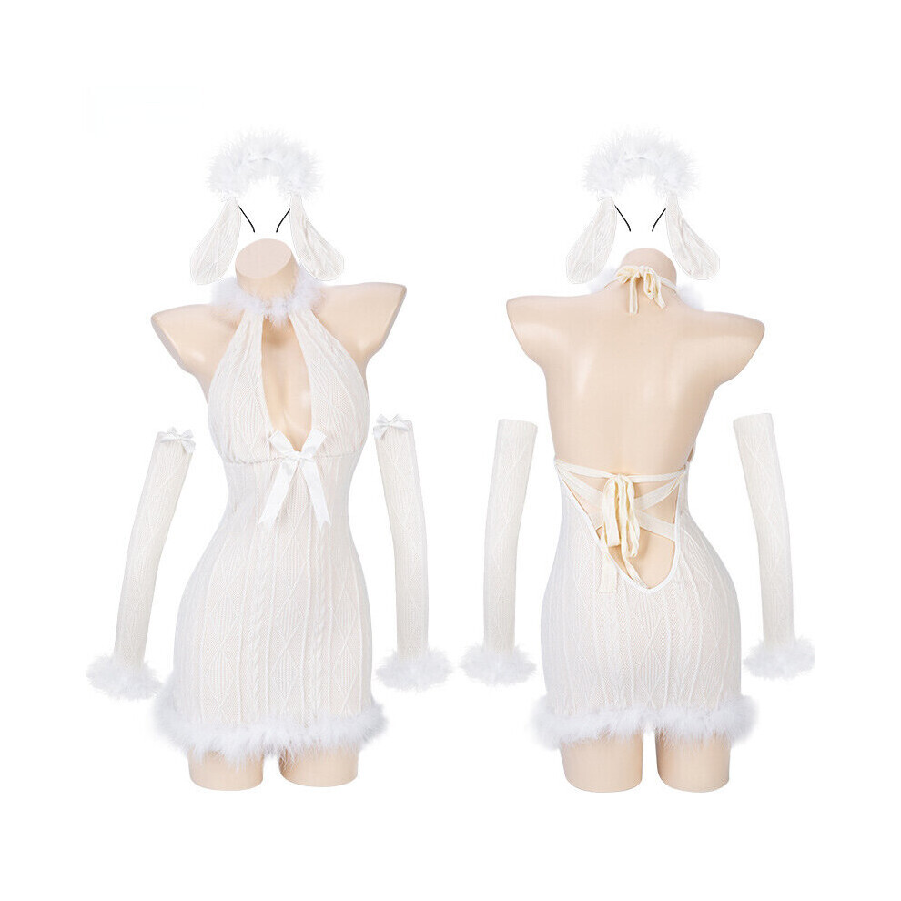 Maxpower Lolita Cosplay Snow Angel Girl Furry Knitted Sex Dress Unifrom Women Bunny Backless Nightdress Pajamas Outfits Christmas Costume