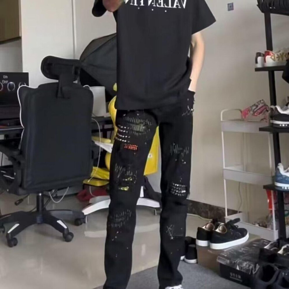 (black, Extra Large) "2024 Trendy Personalized Men's Black Embroidered Rivet Jeans - Stylish Elastic Cotton