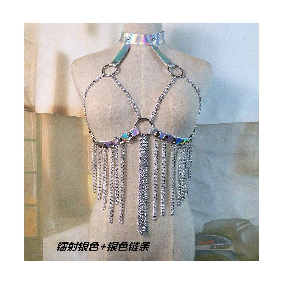 Maxpower 100% Punk Gothic Chain Metal Holographic Bra Top Harness Straps Hologram Rainbow Pvc Vinyl Bondage Waist Belt