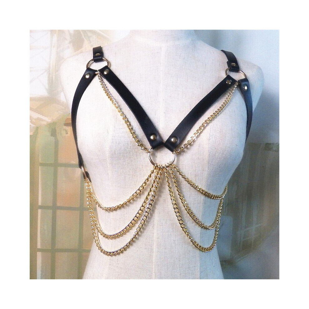 Maxpower Sexy Women Bondage Body Harness Tank Tops Cupless Metal Chain Backless Pu Leather Night Club Party Wear Chain Tassel Suspender