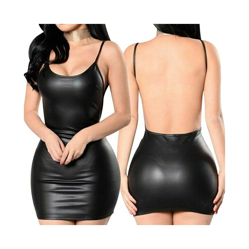 Maxpower Sexy Faux Leather Dress Backless Club Party Short Dress Solid Wet Look Latex Bodycon Push Up Bra Mini Micro Dress