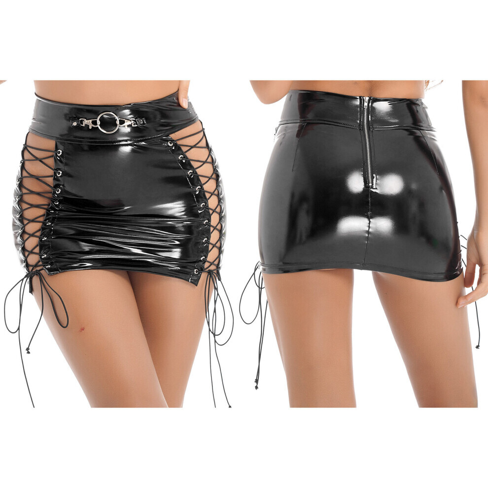 Maxpower Women Latex Hollow Out Lace-Up Mini Skirt Party Dance Gothic Clubwear Stage Show Costume Wetlook Patent Leather Pencil Skirts