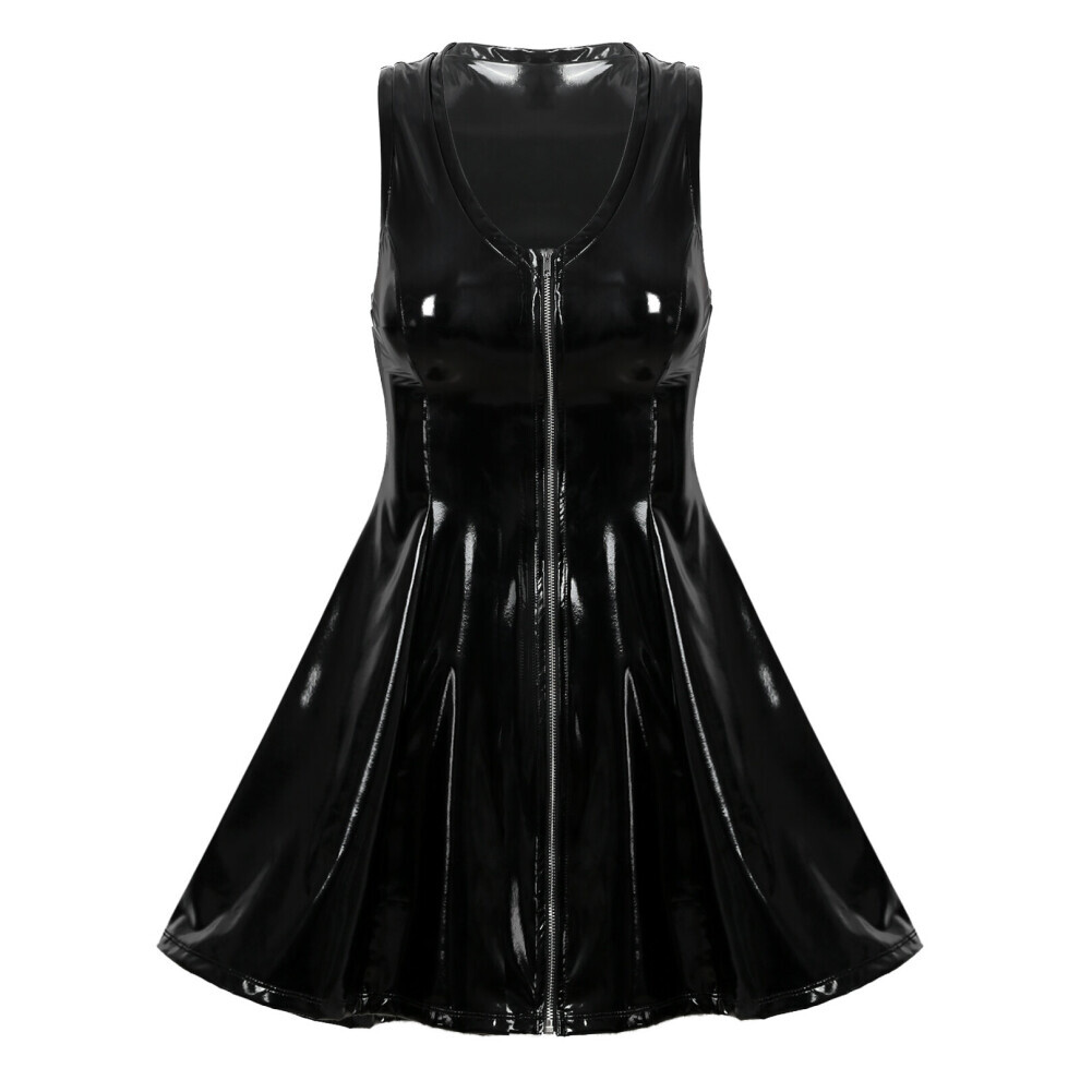 Maxpower Sexy Womens Dress Clubwear Wetlook Latex Bodycon Costume Glossy V Neck Zipper Wet Look Patent Leather Sleeveless Flared Dresses