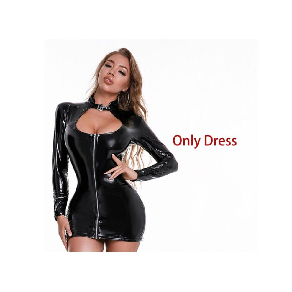 Maxpower Sexy Wetlook Patent Leather Dress Women Short Mini Bodycon Breast Exposing Slim Pvc Latex Nightclub Dresses With Stocking