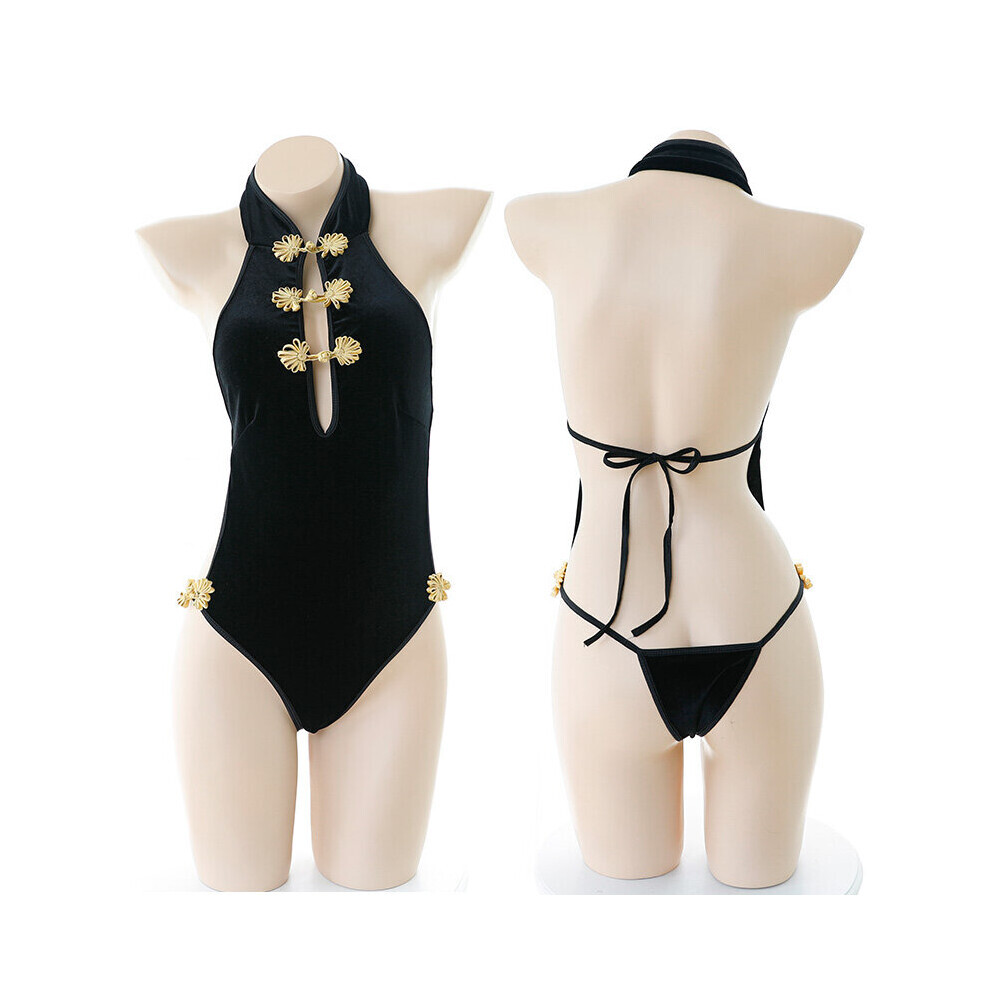Maxpower Sexy Uniform Chinese Straps Button Backless Cheongsam Nightclub Velvet Jumpsuit Bodysuit