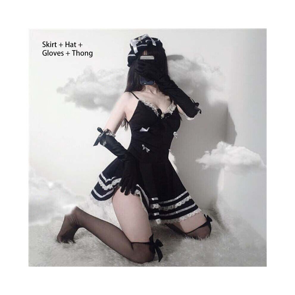 Maxpower (Skirt + Hat + Gloves + Thong) Adult Lolita Maid Uniform Costume Dress Set Women Sexy Cosplay Anime Outfit