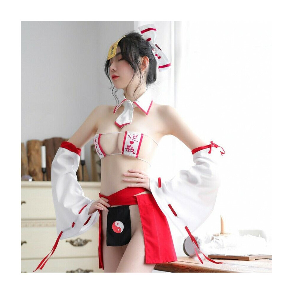 Maxpower White/Red Women Anime Witch Cosplay Costumes Japanese Kimono Uniform Sexy Lingerie Set-+