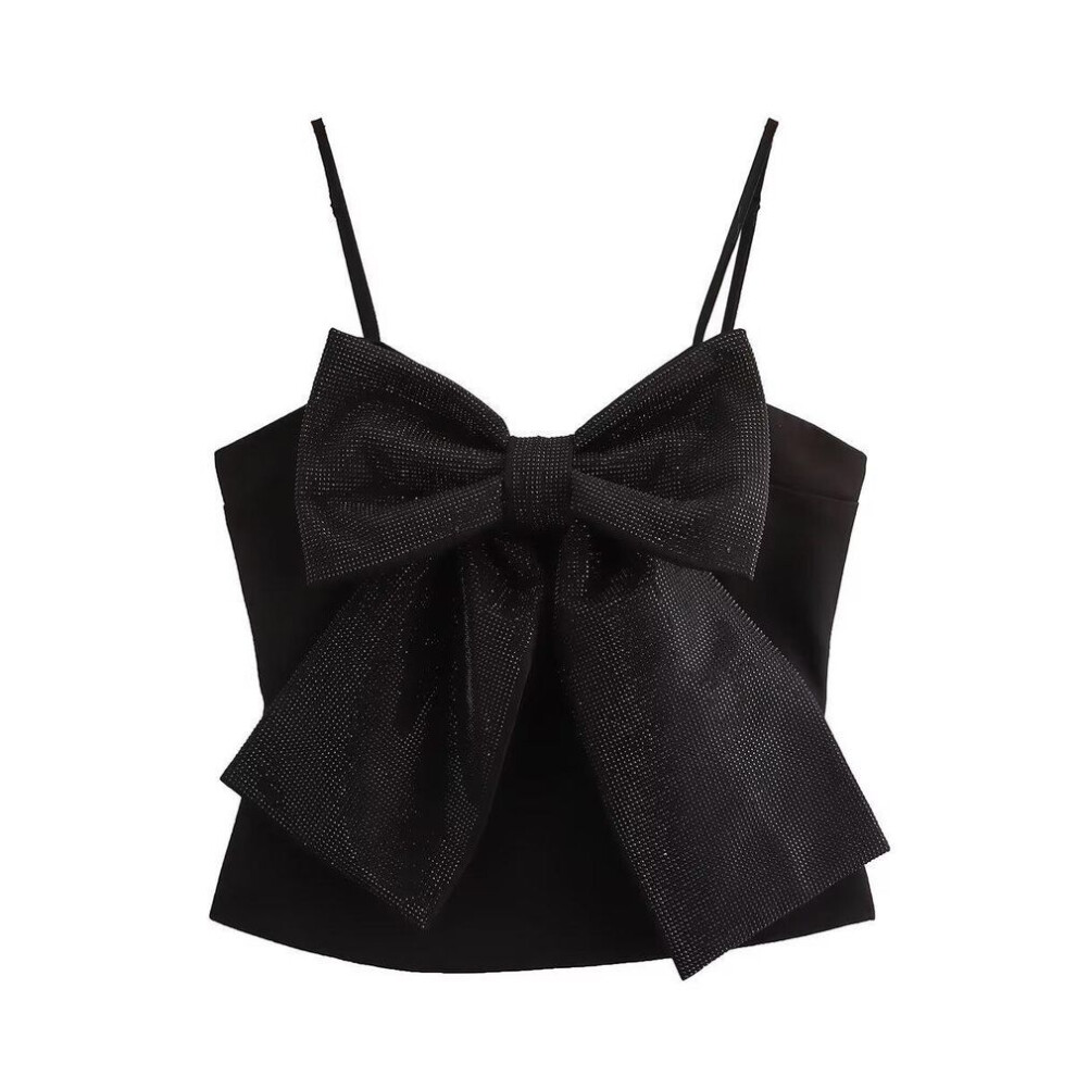 (black, M) European & American Style Sexy Hot Girl Rhinestone Bow Short Camisole
