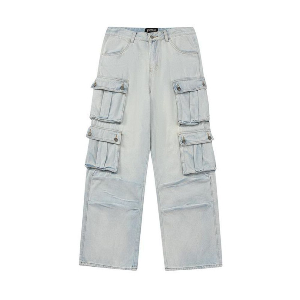 (light blue, M) "unisex American Washed Light Workwear Jeans: Loose, Wide-leg Design With Multi-pocket, Heavy-duty Styling