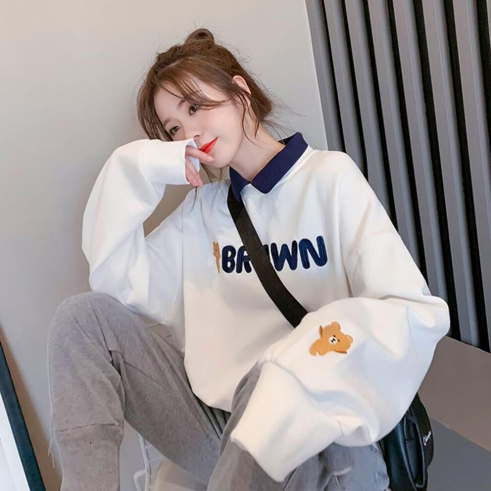 (white, XL) Women's Plus Size Korean Polo Collar Sweatshirt - Loose Spring Jacket Top (2025 Design)