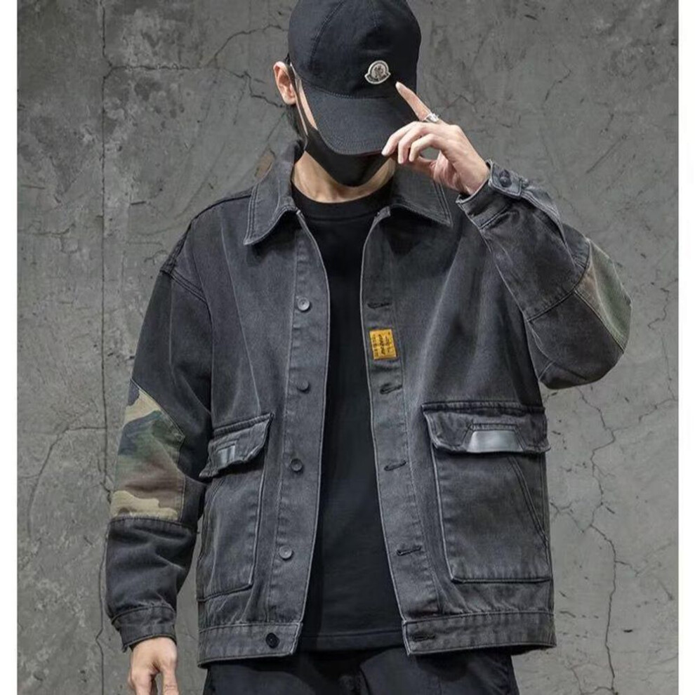 (black, 2XL) Men's Black Denim Workwear Jacket - Spring 2024 Casual Lapel Top
