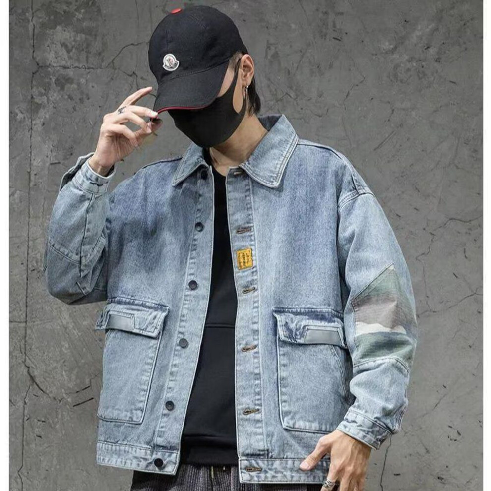 (blue, 3XL) Men's Black Denim Workwear Jacket - Spring 2024 Casual Lapel Top