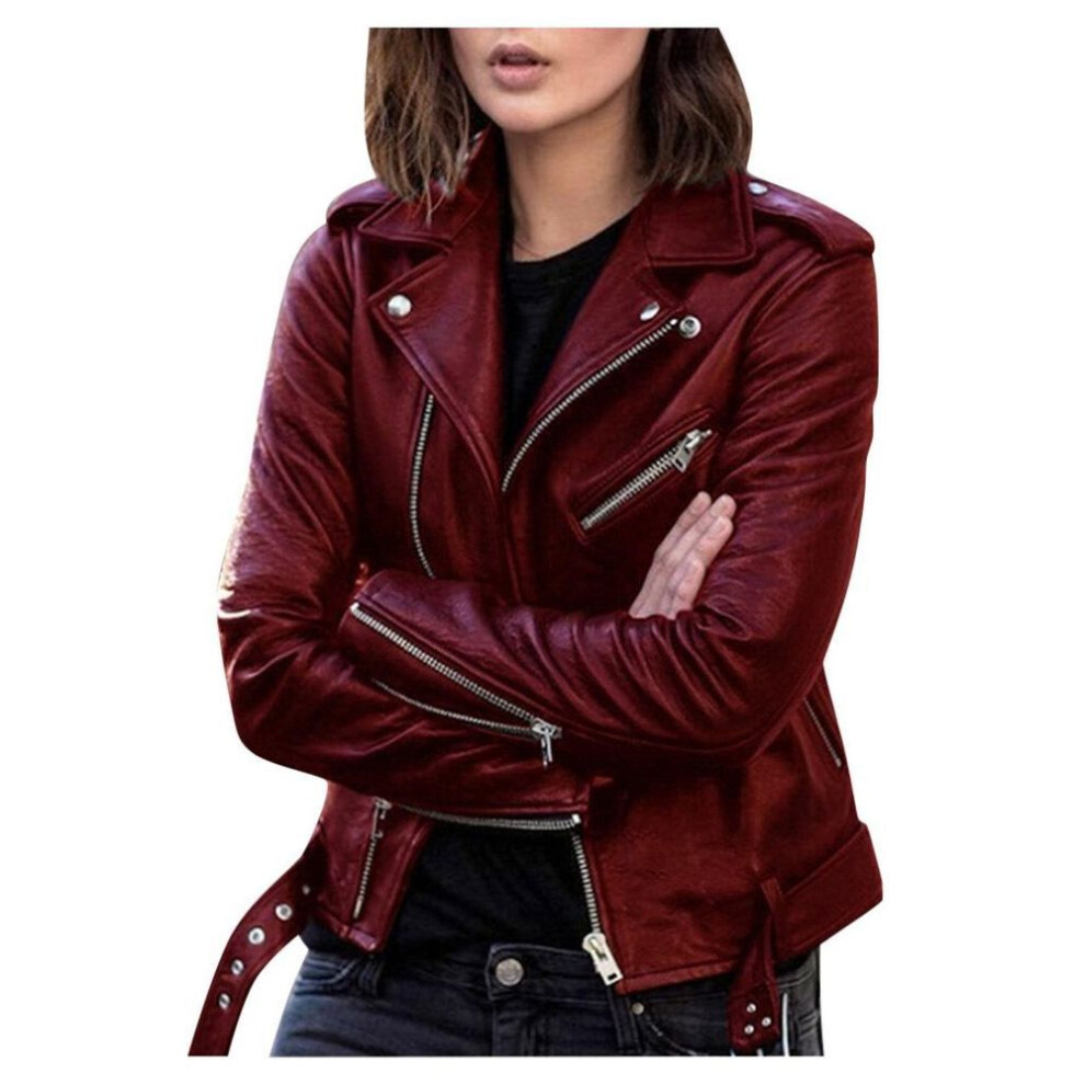 (wine red, 2XL) Women's Plus Size PU Leather Motorcycle Jacket - Slim Fit, Available in Spring & Autumn Styles