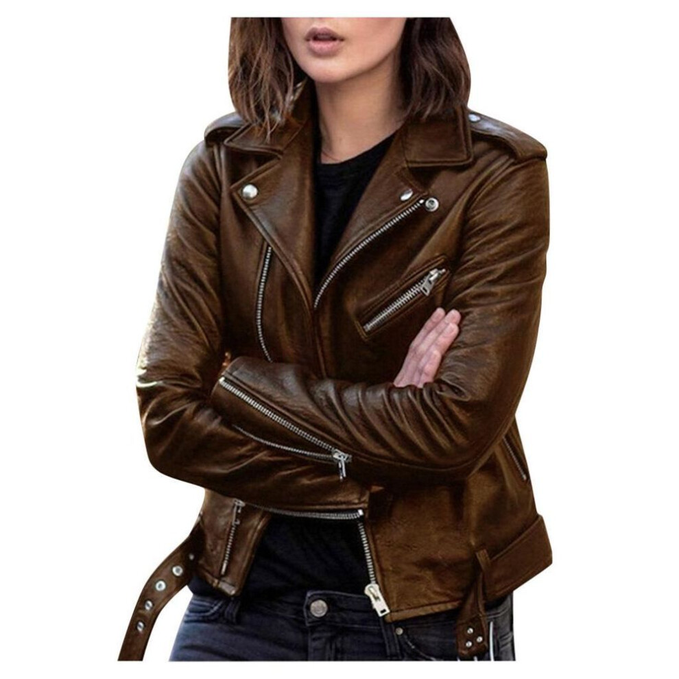 (brown, Small) Women's Plus Size Pu Leather Motorcycle Jacket - Slim Fit, Available In Spring & Autumn Styles