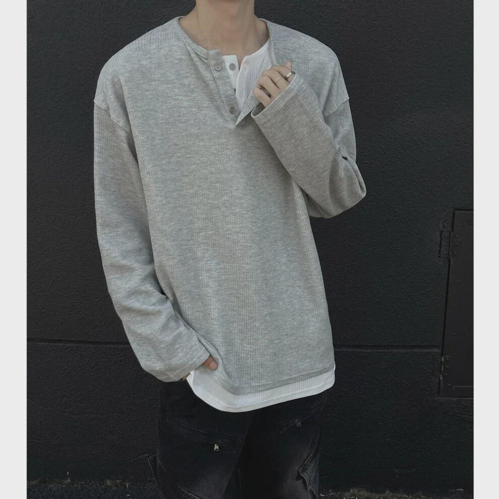 (gray, XXL) Men's Henry Collar Long-Sleeve Faux Two-Piece Heavyweight T-Shirt for Spring/Autumn 2025