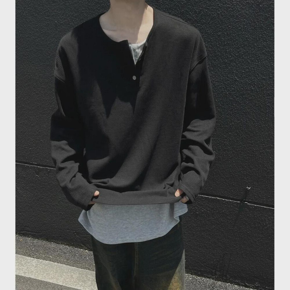 (black, M) Men's Henry Collar Long-Sleeve Faux Two-Piece Heavyweight T-Shirt for Spring/Autumn 2025