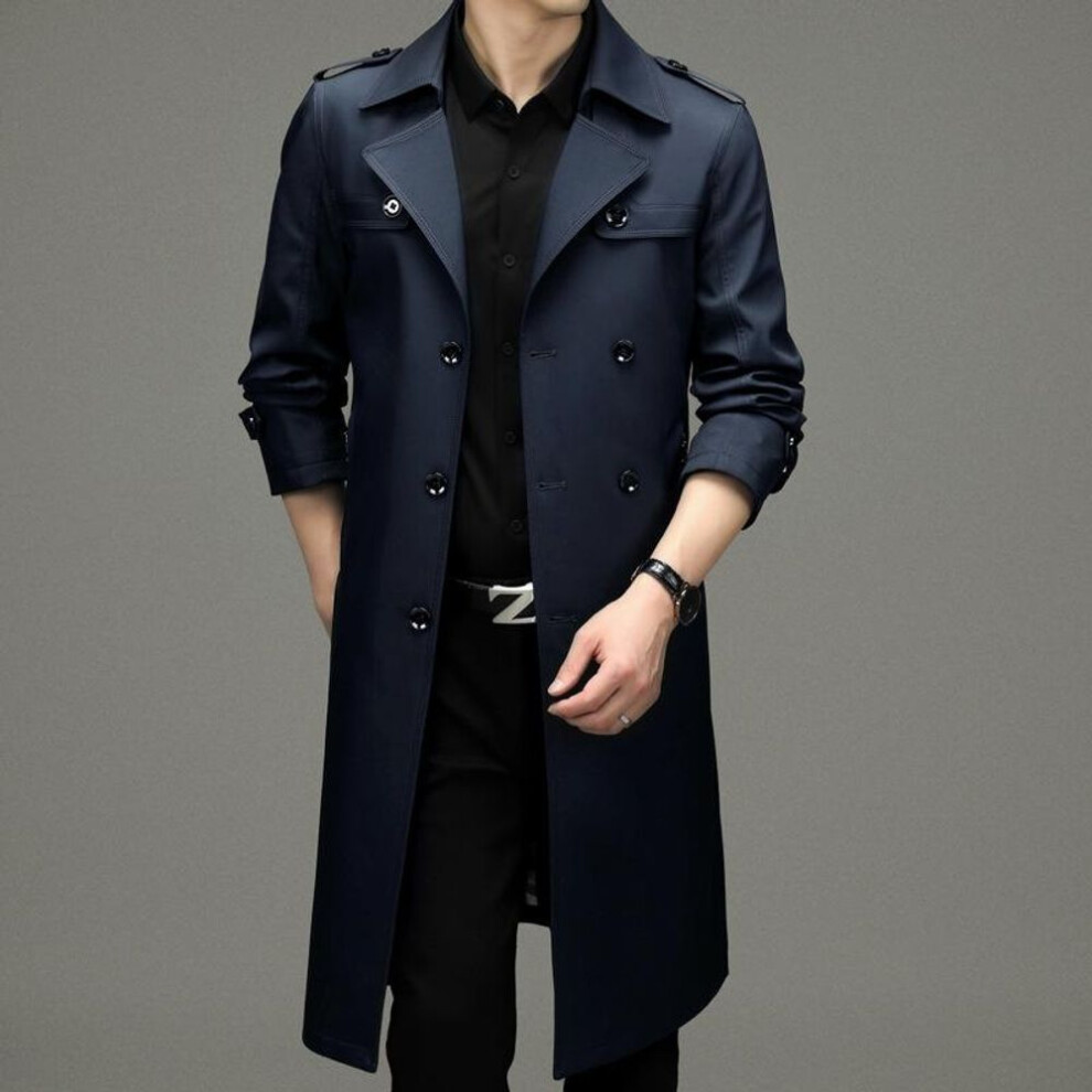 (navy, XL) Spring 2023 Men's Business Casual Windbreaker with Suit Collar and Belt - Over-the-Knee Cape Coat
