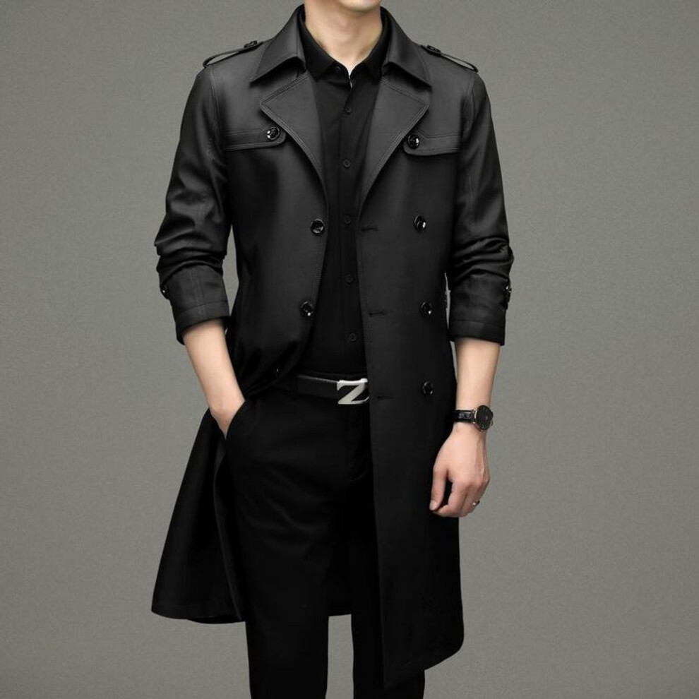 (black, XL) Spring 2023 Men's Business Casual Windbreaker with Suit Collar and Belt - Over-the-Knee Cape Coat