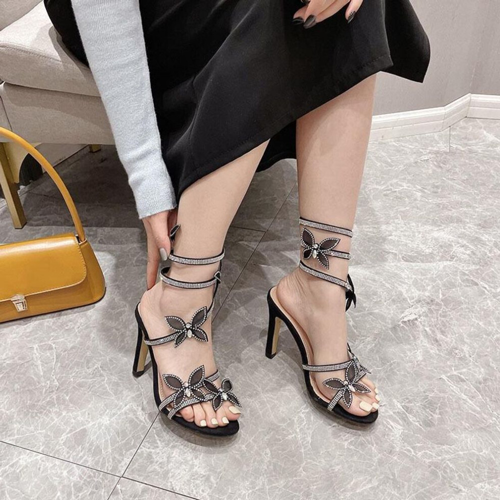 (black, 35) "Roman Stiletto Rhinestone Flower Snake-Design High-Heeled Women's Sandals