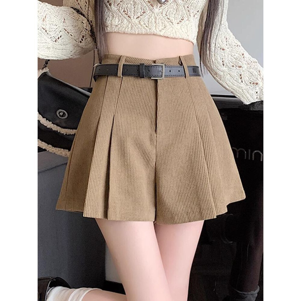 (khaki, XL) Women's High-Waisted Corduroy Shorts - Pleated Wide-Leg, Autumn/Winter 2023 Fashion, Casual Fit
