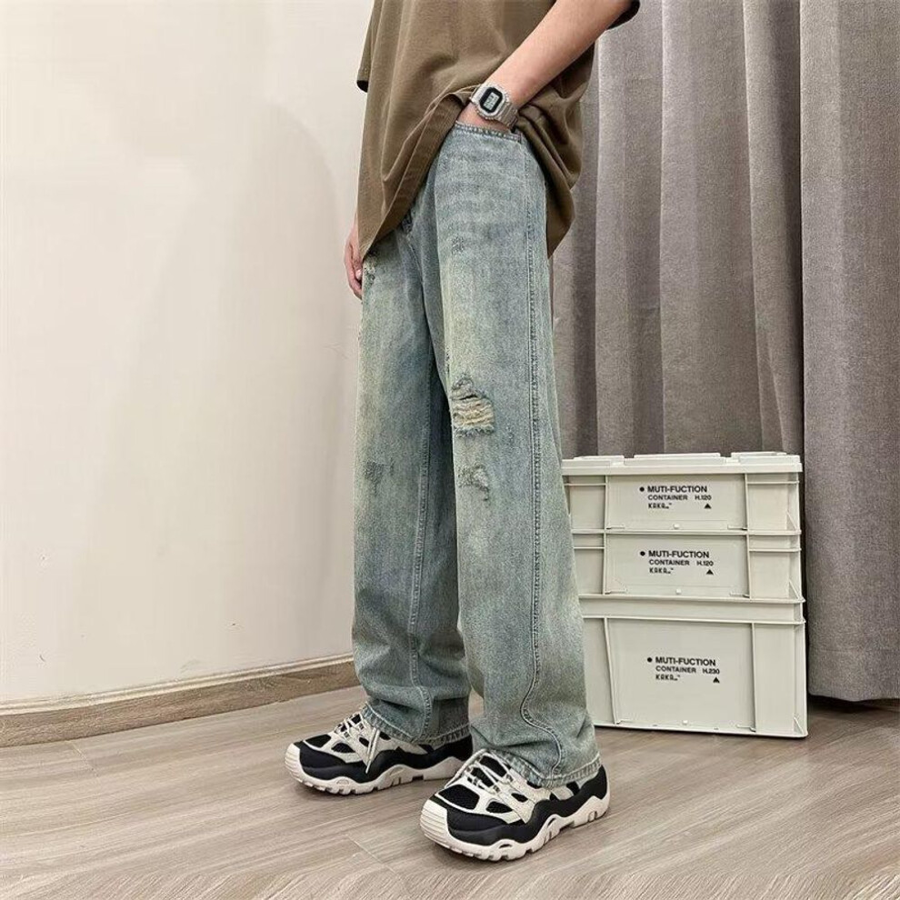 (blue, 2X Large) Men's Retro American Style Wide-Leg Ripped Jeans