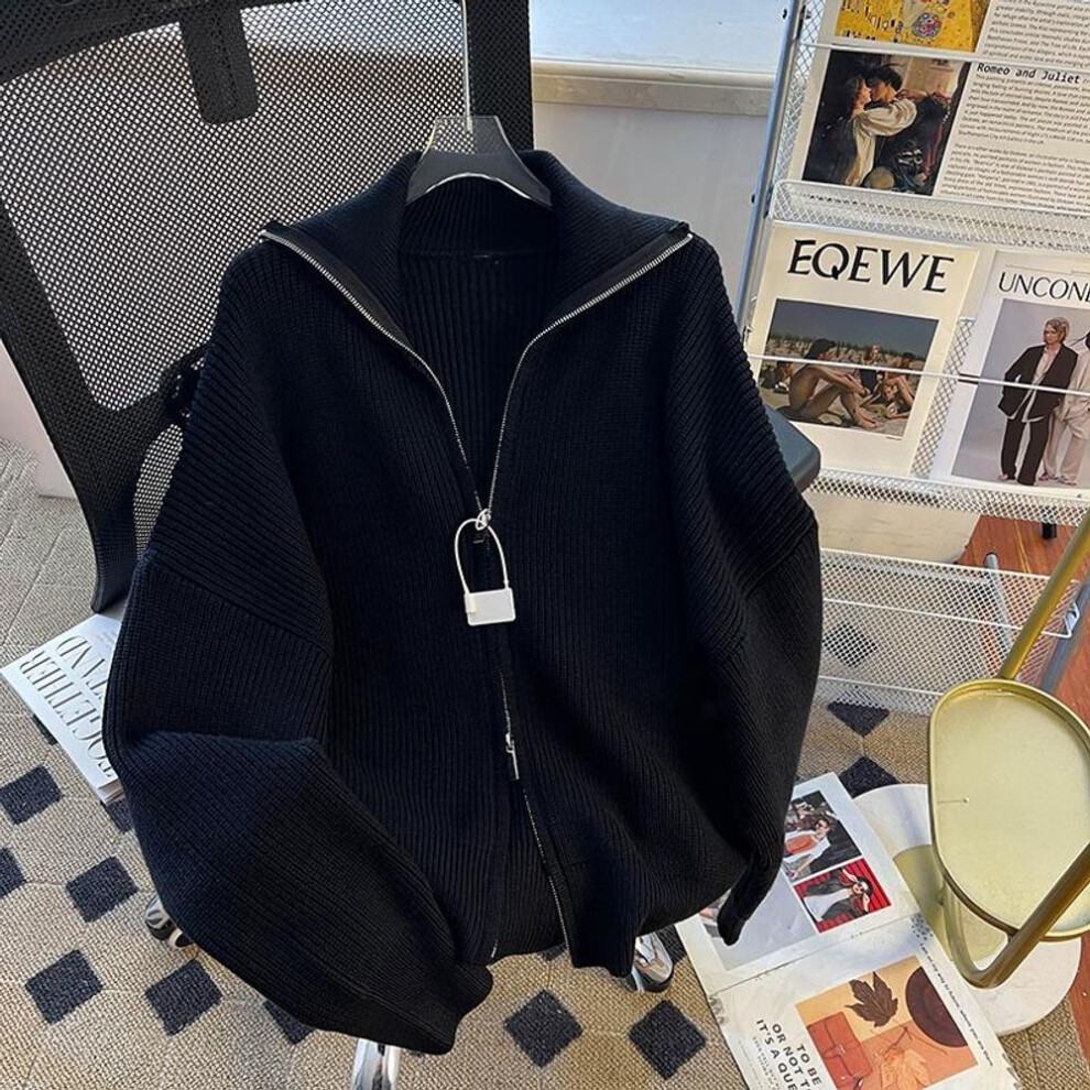 (black, M) Men's Retro Hong Kong Style Thick Cardigan Sweater - Casual Zipper Lapel for Autumn/Winter