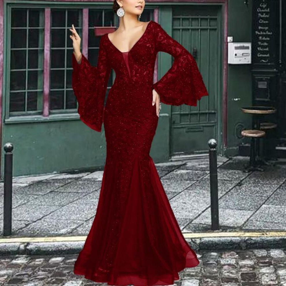 (maroon, S) Elegant Black Fishtail Lace Evening Dress - 2025 Summer Collection