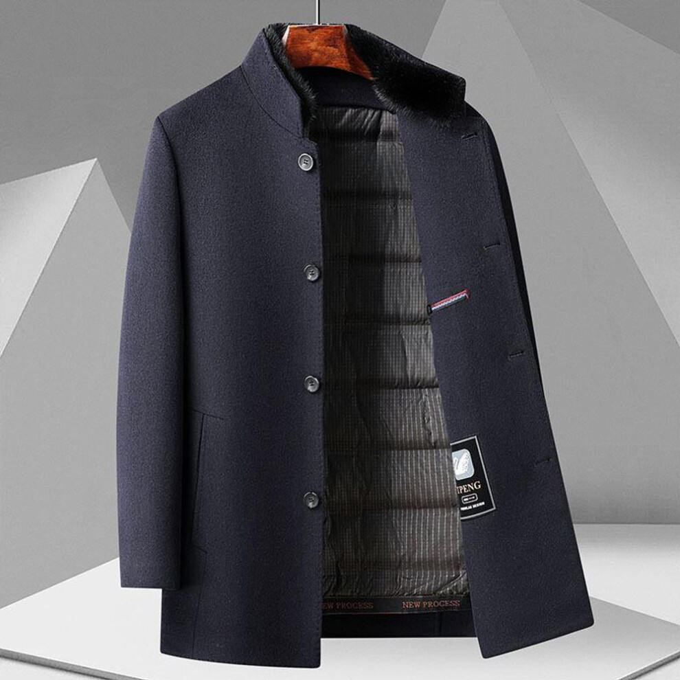 (navy blue, XXL) Men's Mid-length Wool Coat With Mink Fur, Detachable Goose Down Lining, And Stand Collar