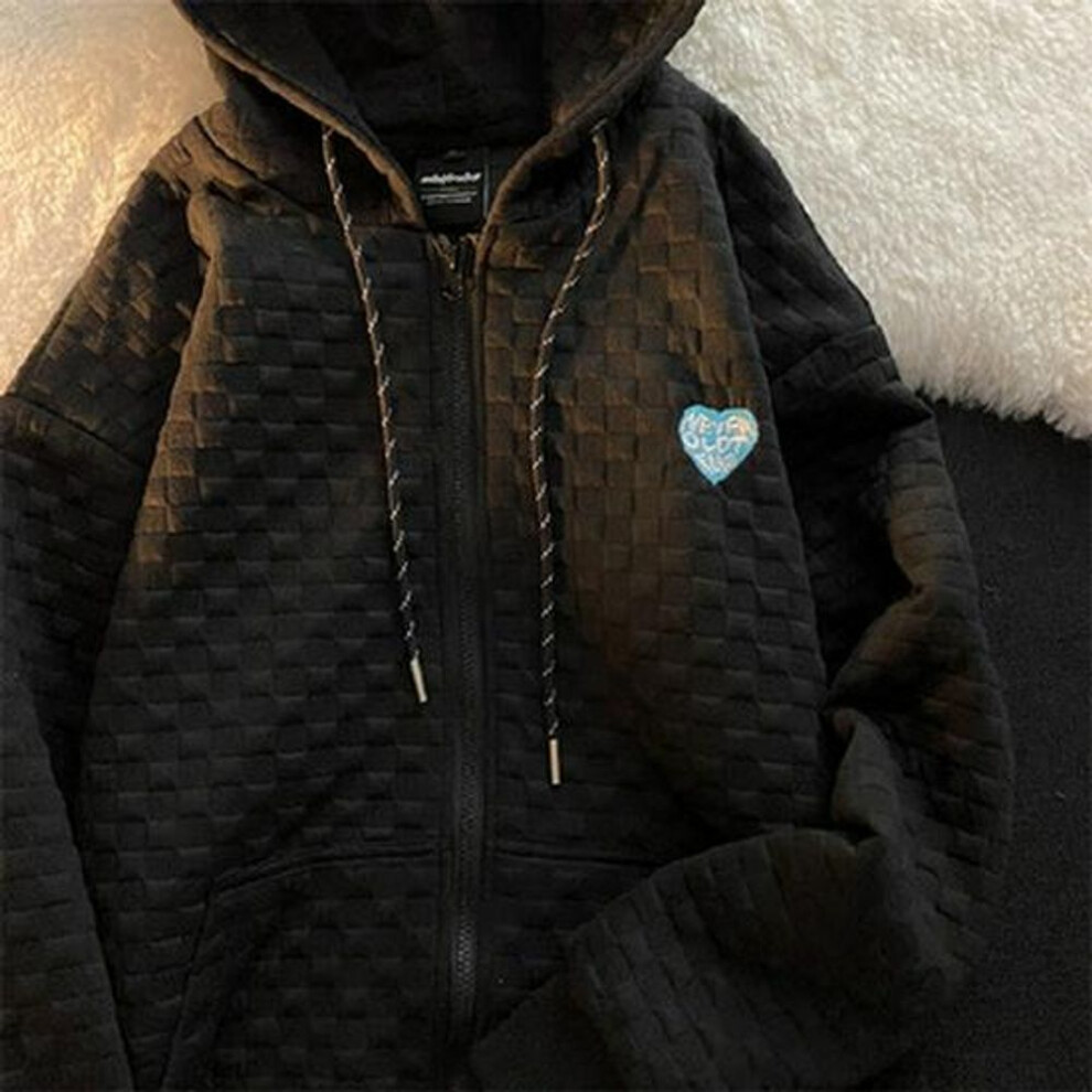 (black, Medium) Women's Waffle Hooded Jacket: 2025 Autumn Lazy College Style Zipper Cardigan Sweater