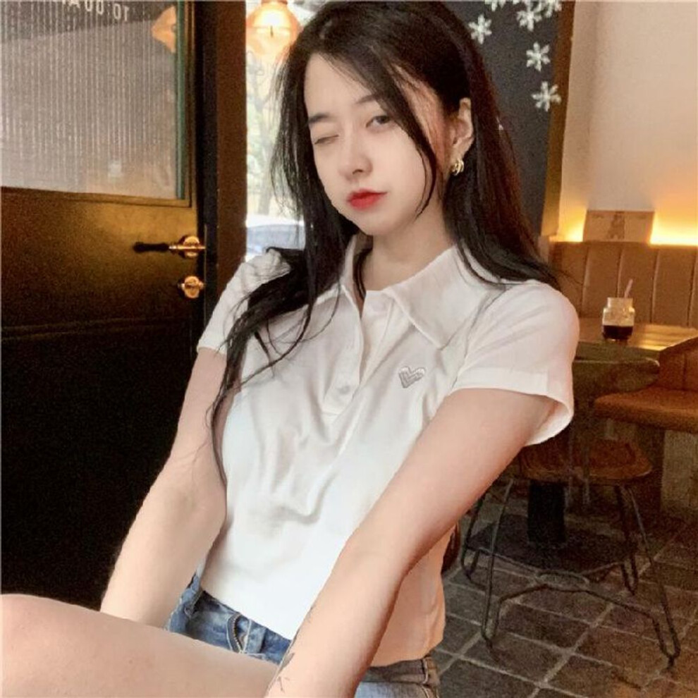 (white, Large) "2022 Korean Embroidered Cotton Slim Fit Polo Collar Short-Sleeve T-Shirt for Women