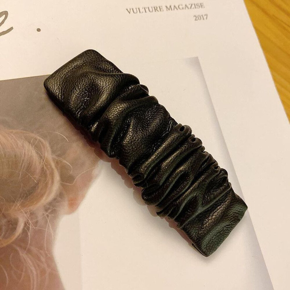 (black) Retro Wrinkled Leather Bb Clip - Solid Color Hairpin, Light Luxury Headdress, Trendy Accessory For Women