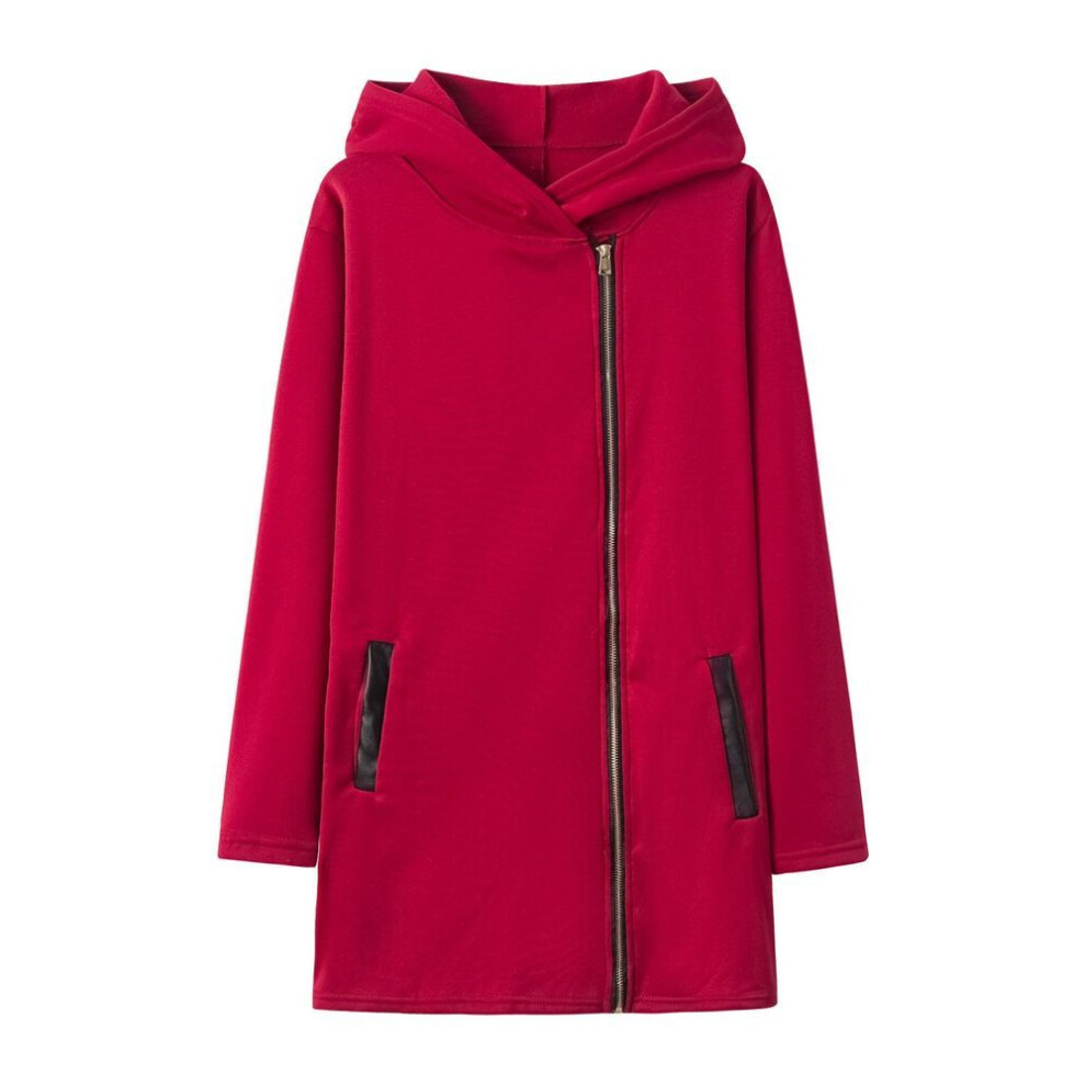 (red, S) Women's Fashion Hooded Jacket with Side Zipper and Plush Lining