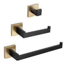 TURS 3-Piece Bathroom Hardware Set Black and Gold Hand Towel Holder Toilet Paper Holder Towel Hook Stainless Steel Towel Bar Set Wall Mounted