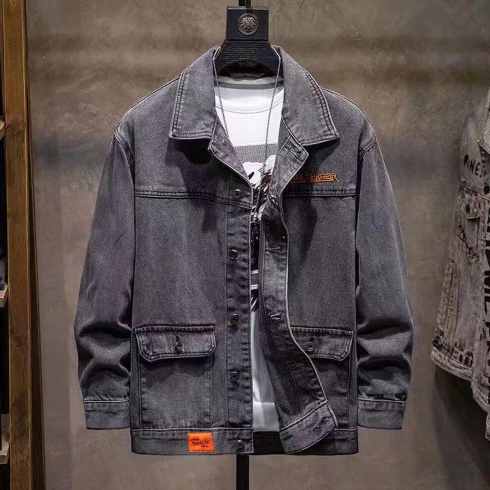 (gray, Large) Men's Loose Fit Denim Jacket for Spring and Autumn