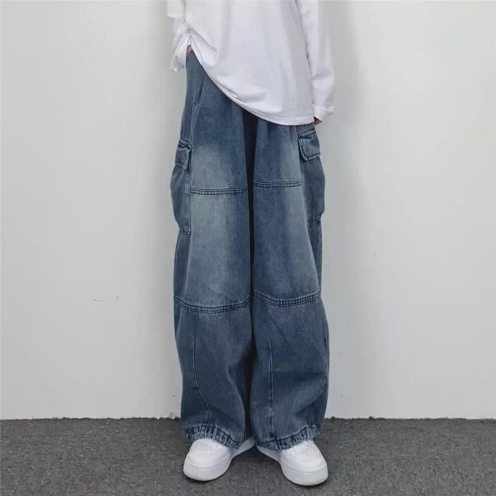 (blue, 2XL) "men's Retro Wide-leg Large Pocket Overalls - Trendy Loose-fit Jeans For Autumn/winter