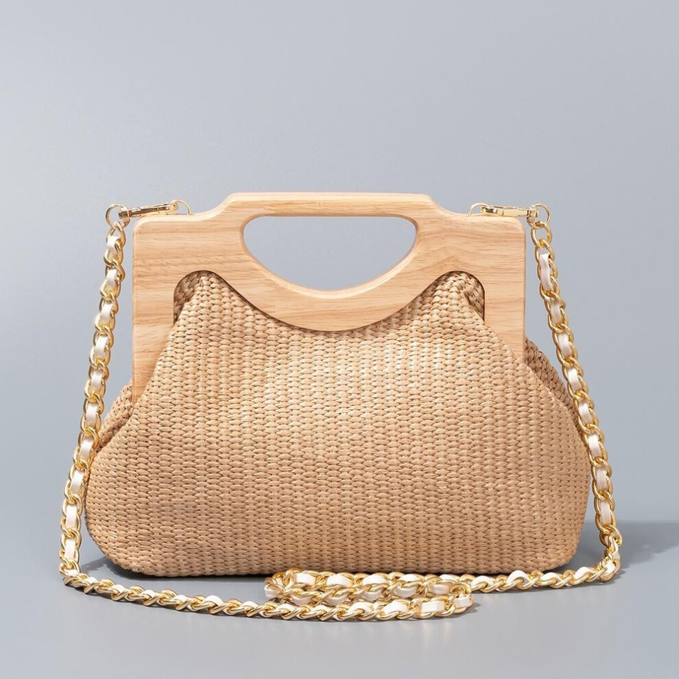 (26x8x20 cm) Enspt Wooden Handle Woven Straw Beach Shoulder Bag For Women