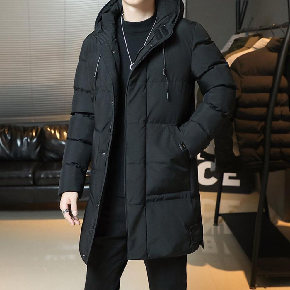 (black, 2XL) Men's Mid-Length Hooded Cotton-Padded Jacket - Solid Color Winter Casual Coat