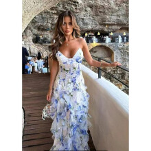 (blue, Small) 2024 Spring/Summer Strapless Chiffon Fairy Evening Dress for Women - European & American Fashion