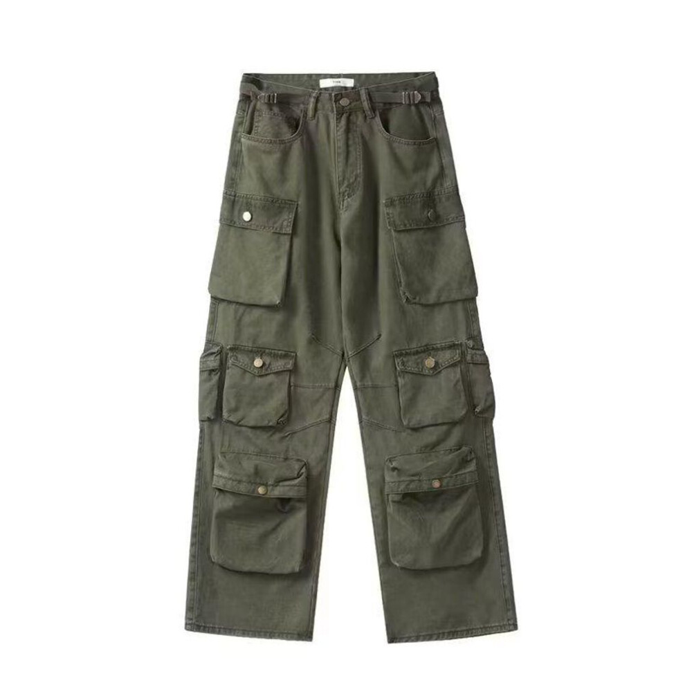 (green, Large) "Men's Retro American Vibe Multi-Pocket Workwear Pants - Casual, Loose, and Straight Fit