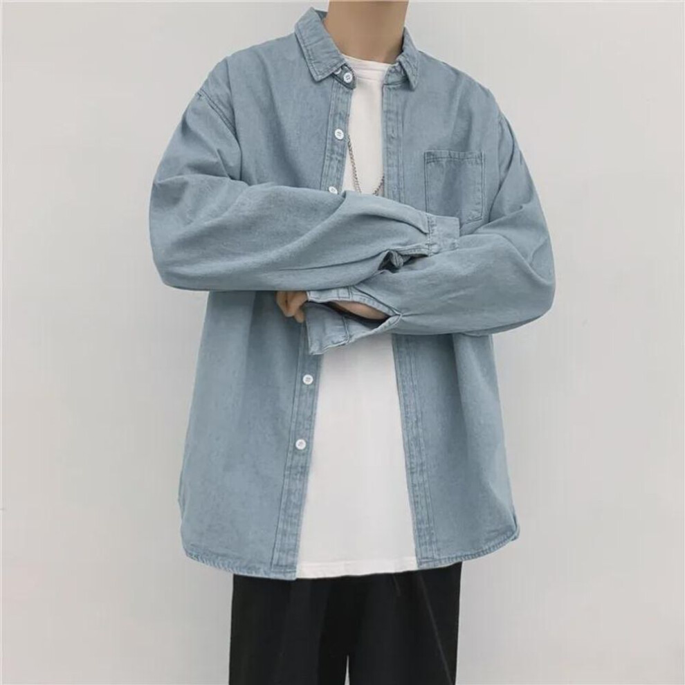 (light blue, XL) "Men's Trendy Harajuku Style Long Sleeve Denim Shirt - Casual Loose Fit for Spring and Autumn
