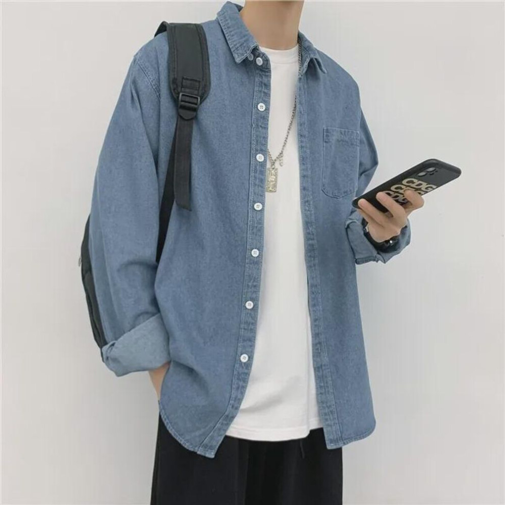 (dark blue, 4XL) "Men's Trendy Harajuku Style Long Sleeve Denim Shirt - Casual Loose Fit for Spring and Autumn
