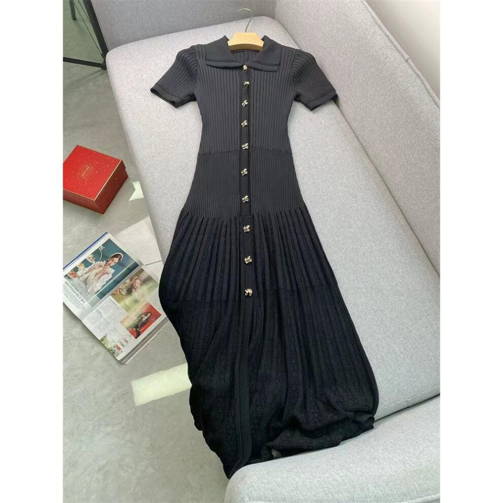 (black, Large) French S Elegant Summer 2024 Short-sleeve Lapel Waist-slimming Hollow Knit Dress For Women