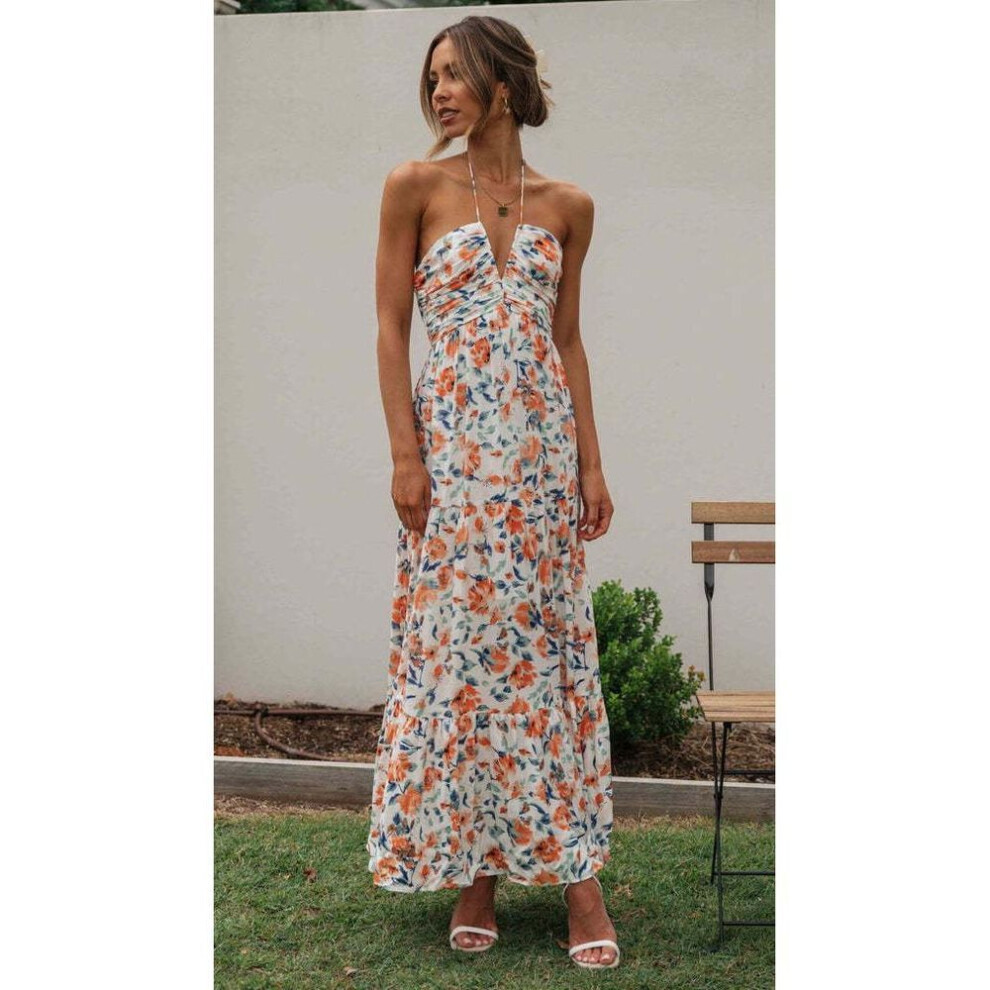 (red,floral, 2X-Large) 2024 Trendy Women's Off-Shoulder Halter V-Neck Long Dress