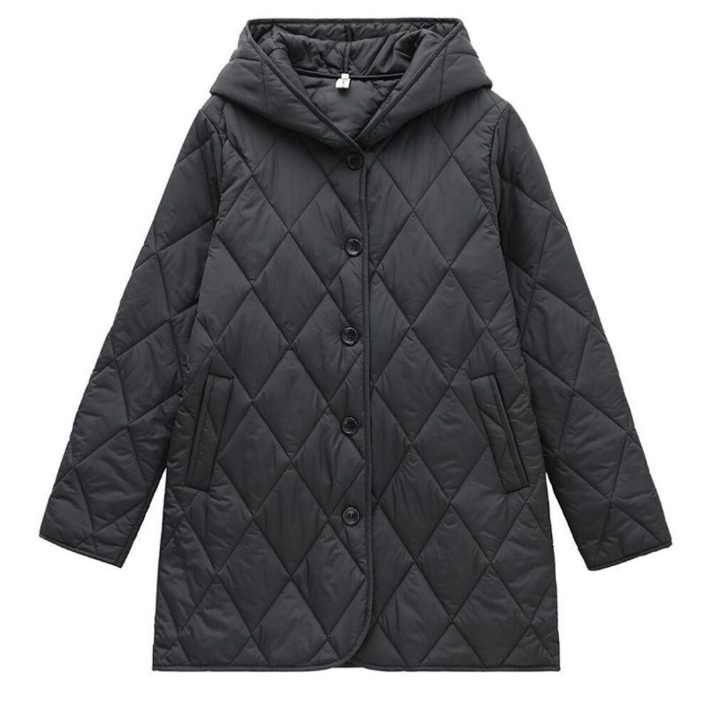 (black, Extra Large) Women's Hooded Diamond-Quilted Winter Jacket 2024 - Solid Color, Warm Cotton, Long-Sleeved.