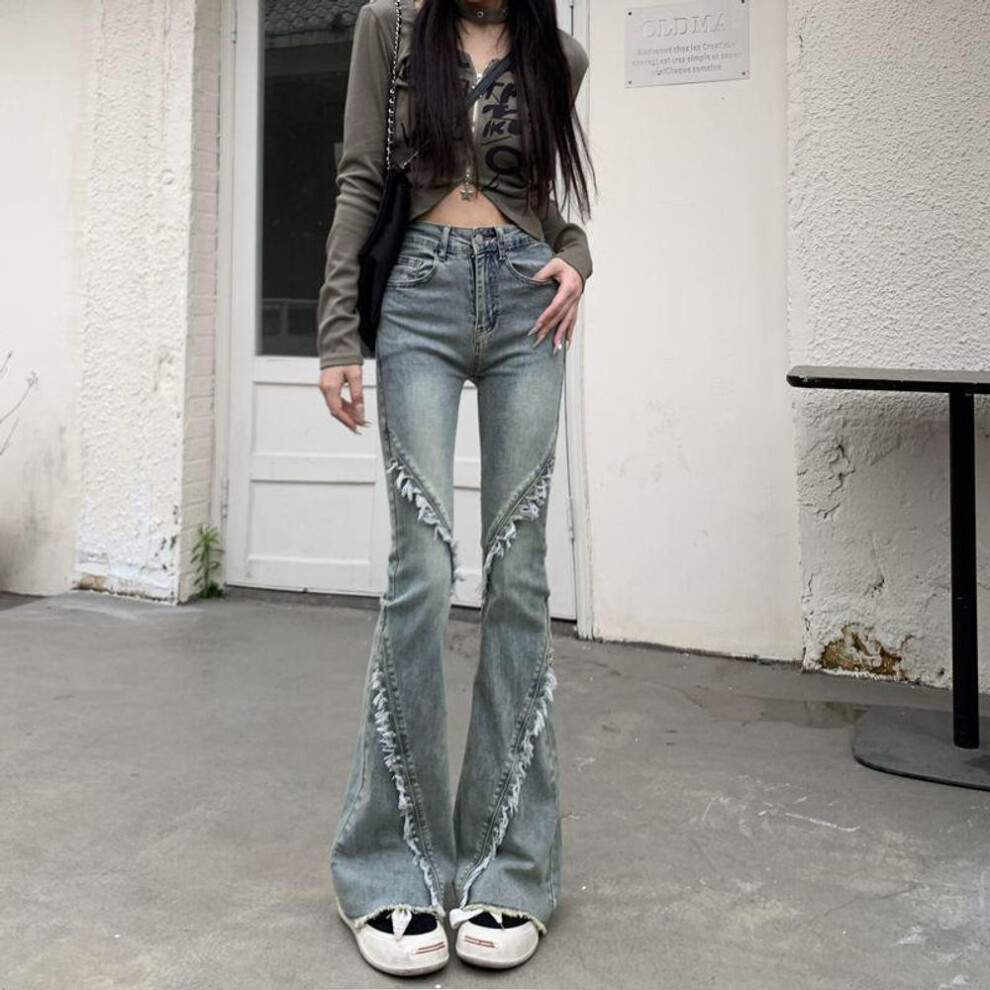 (Double Extra Large) Retro High-Waist Patchwork Flared Jeans for Women - Slim Fit with Raw Edges