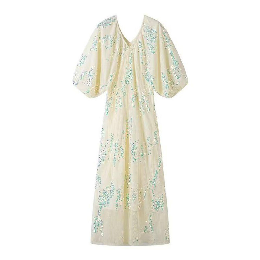 (off-white, Medium) "Spring 2024 Sequin V-Neck Bat Sleeve Long Dress for Women