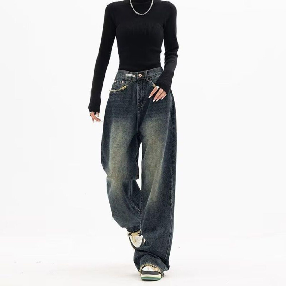 (deep,blue, 5XL) "Women's High-Waist Slim Straight Retro Jeans - Spring/Summer Wide-Leg Casual Pants