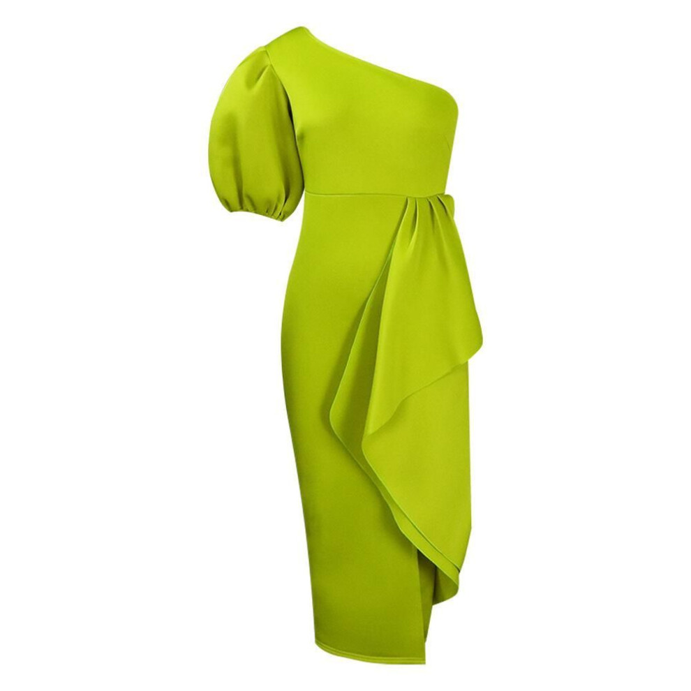 (light green, M) "2024 Summer OL Style Women's Dress: Puff Sleeve, Asymmetrical Shoulder, Slit, European & American Fashion
